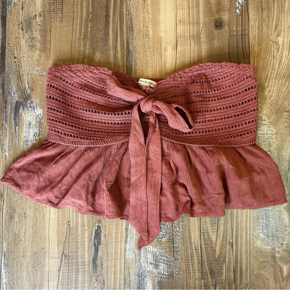 American Eagle Women’s Strapless Peplum Style Knit Crop Top - Picture 2 of 7